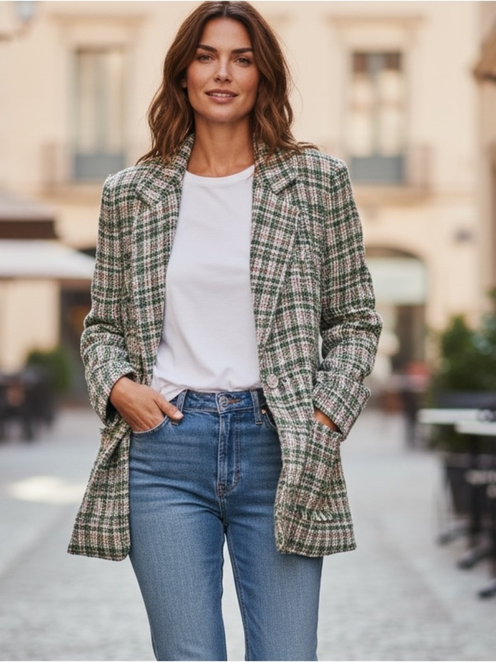 POL tweed blazer a vibrant green and white plaid pattern oversized 25 PTP